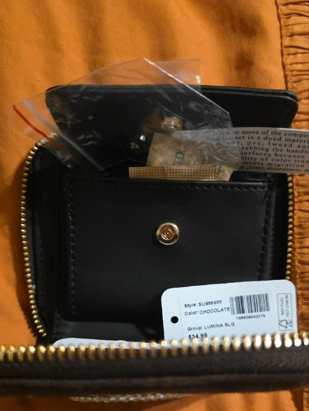 GUESS Black& Brown Suede Wallet with Crystal Logo Emblem